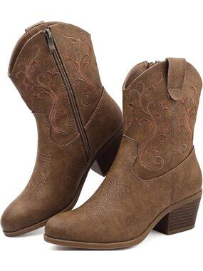 Women’s Brown Mid Calf Boots Embroidered Western Cowboy Side Zip Boots
